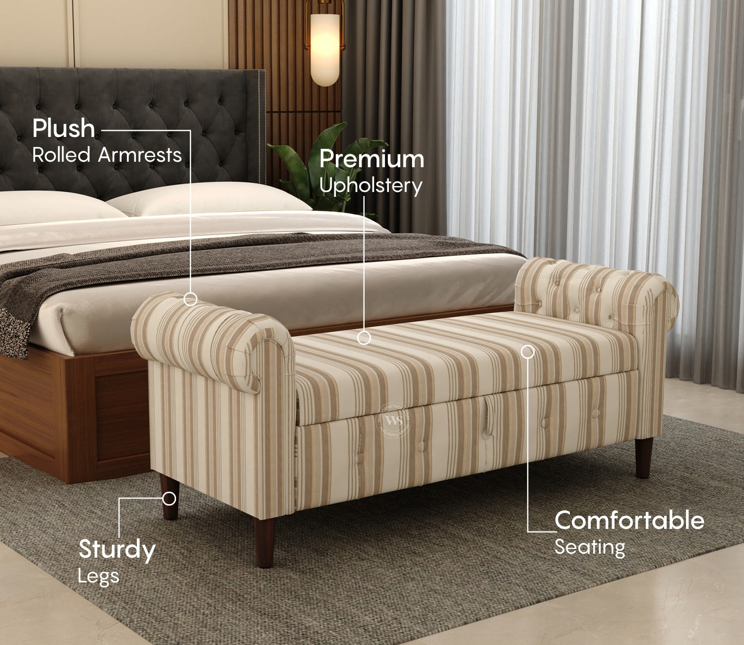 Velo Cushioned Hand Carved Sofa Bench With Hidden Storage (Cream Strip)