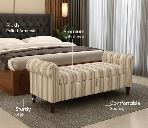 Velo Cushioned Hand Carved Sofa Bench With Hidden Storage (Cream Strip)