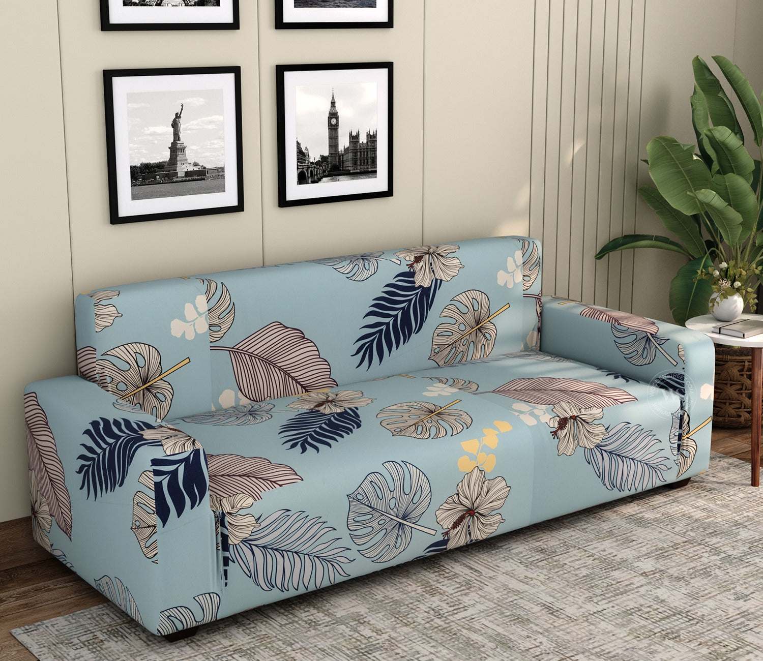 Bloomic Printed Polyester Spandex 3 Seater Sofa Cover (Light Blue)