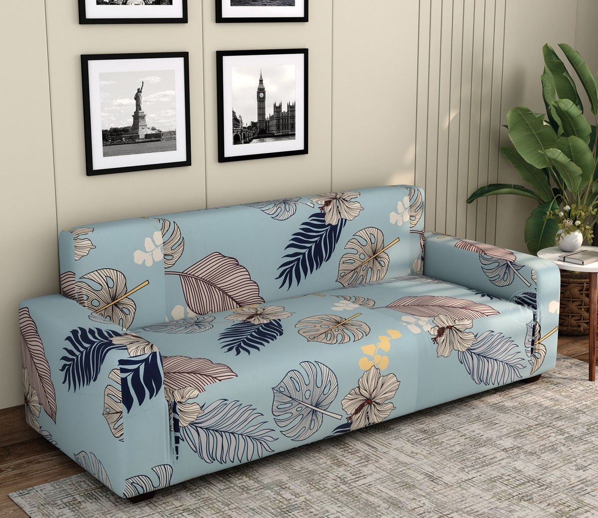 Bloomic Printed Polyester Spandex 3 Seater Sofa Cover (Light Blue)
