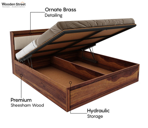 Wildon Premium Sheesham Wood Bed with Cushioned Headboard and Hydraulic Storage (King Size, Teak Finish)
