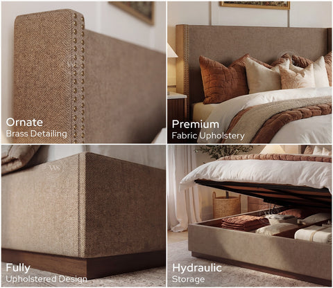 Kesarth Luxe Upholstered Hydraulic Storage Bed with High-Rise Headboard (Queen Size, Sand Brown)