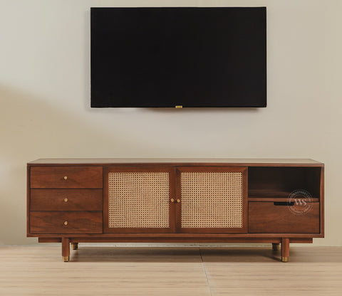 Eka Premium Mango Wood TV Unit with Natural Cane Detailing - Bohemian Contemporary Design (Teak Finish)