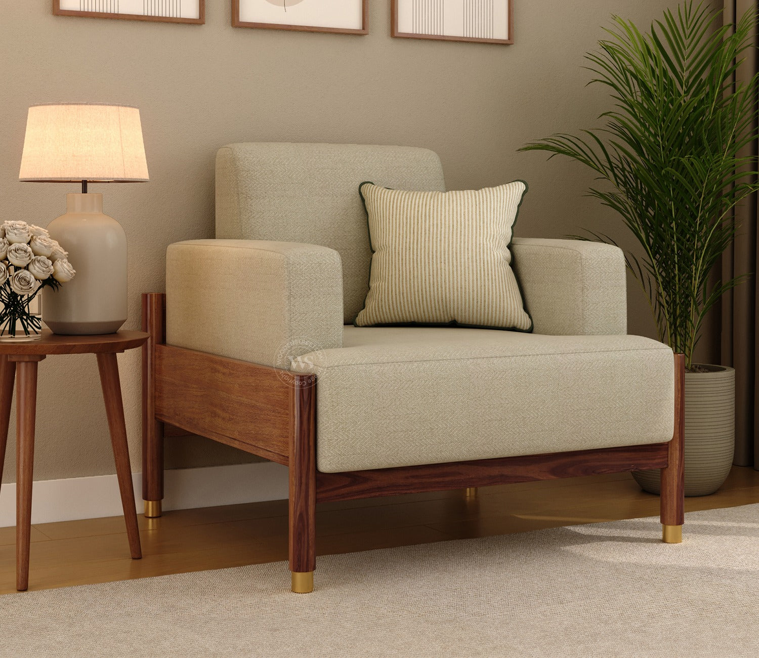 Kairav Modern 3+1+1 Wooden Sofa Set with Premium Upholstery (Cottage Ivory)