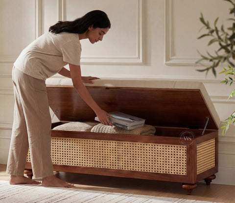 Rini Mango Wood Upholstered Bench with Cane Accent and Storage (Teak Finish, Cottage Ivory)