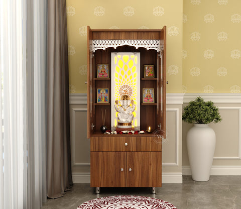 Atharv Engineered Wood Home Temple With Inbuilt LED Light System (Exotic Teak)