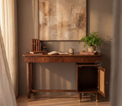 Kalam Modern Designer Sheesham Wood Study Table with Cane Accents & Drawer Storage (Teak Finish)