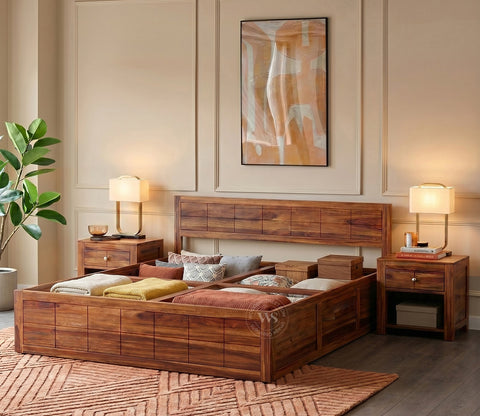 Brixton Sheesham Wood Bed With Box Storage (Queen Size, Honey Finish)