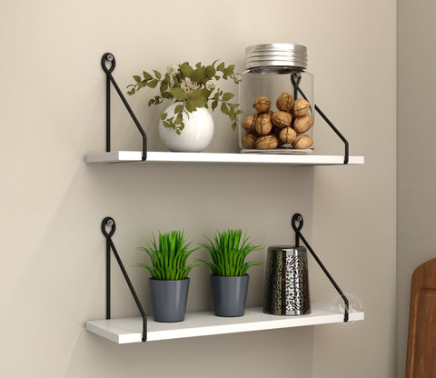 Luna Hanging Wall Shelf, Metallic Black & White Combination Wall Mounted Shelves for Living Room/Bedroom - Set of 2 (Frosty White)