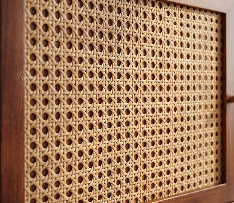 Eka Premium Mango Wood TV Unit with Natural Cane Detailing - Bohemian Contemporary Design (Teak Finish)