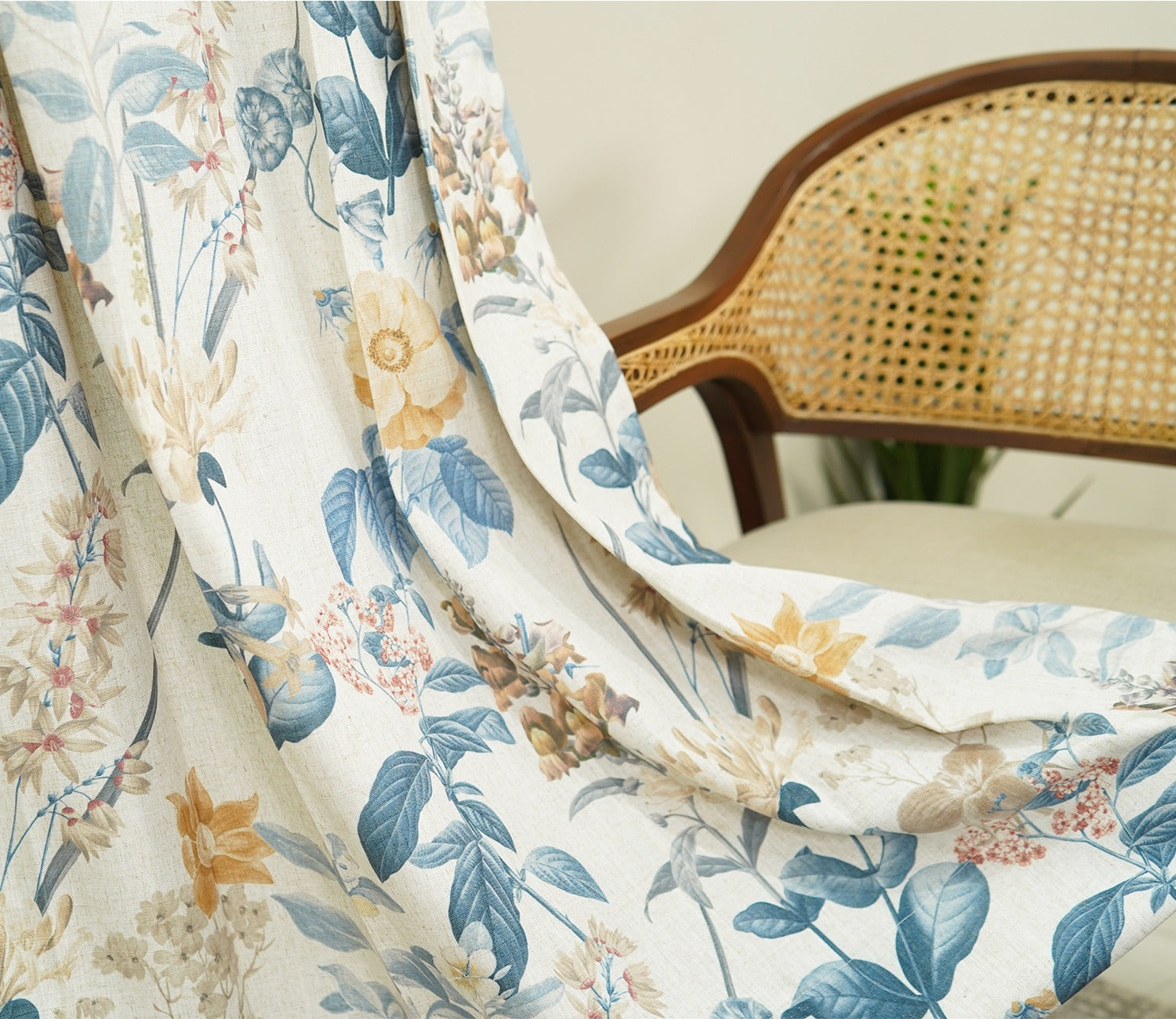 Leafy Floral Print Light-Filtering Door Curtains Set of 2 (Blue, 7 Feet)