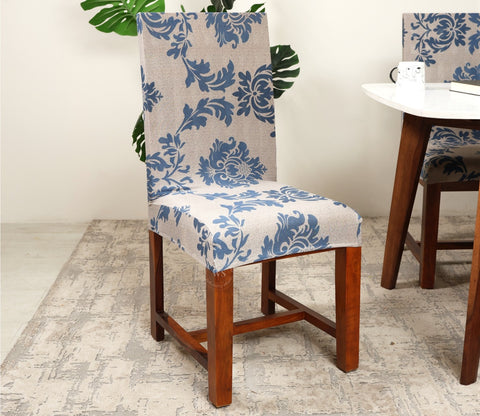 Grace Stretchable Floral Printed Polyester Spandex Dining Chair Cover Set Of 4 (Blue)