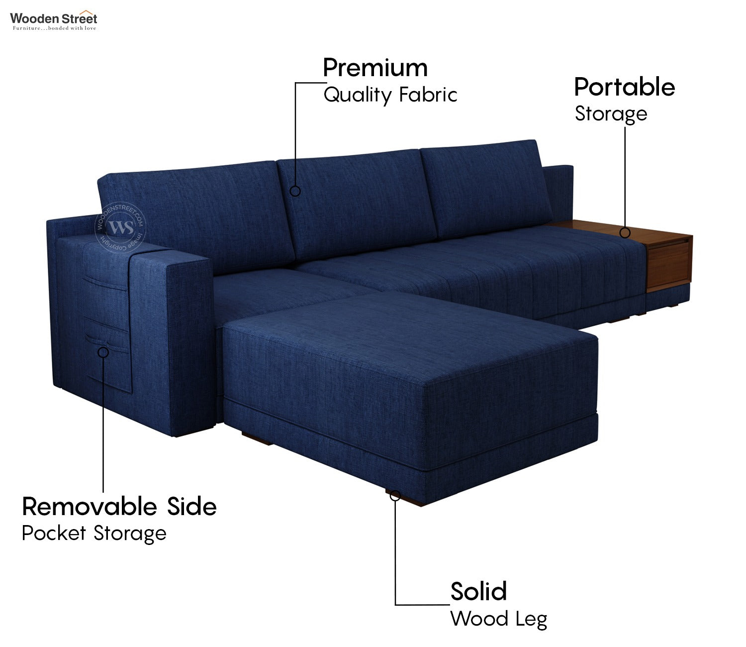 Oasis L-Shape Left Aligned Sectional Sofa (Cotton, Iris Blue)