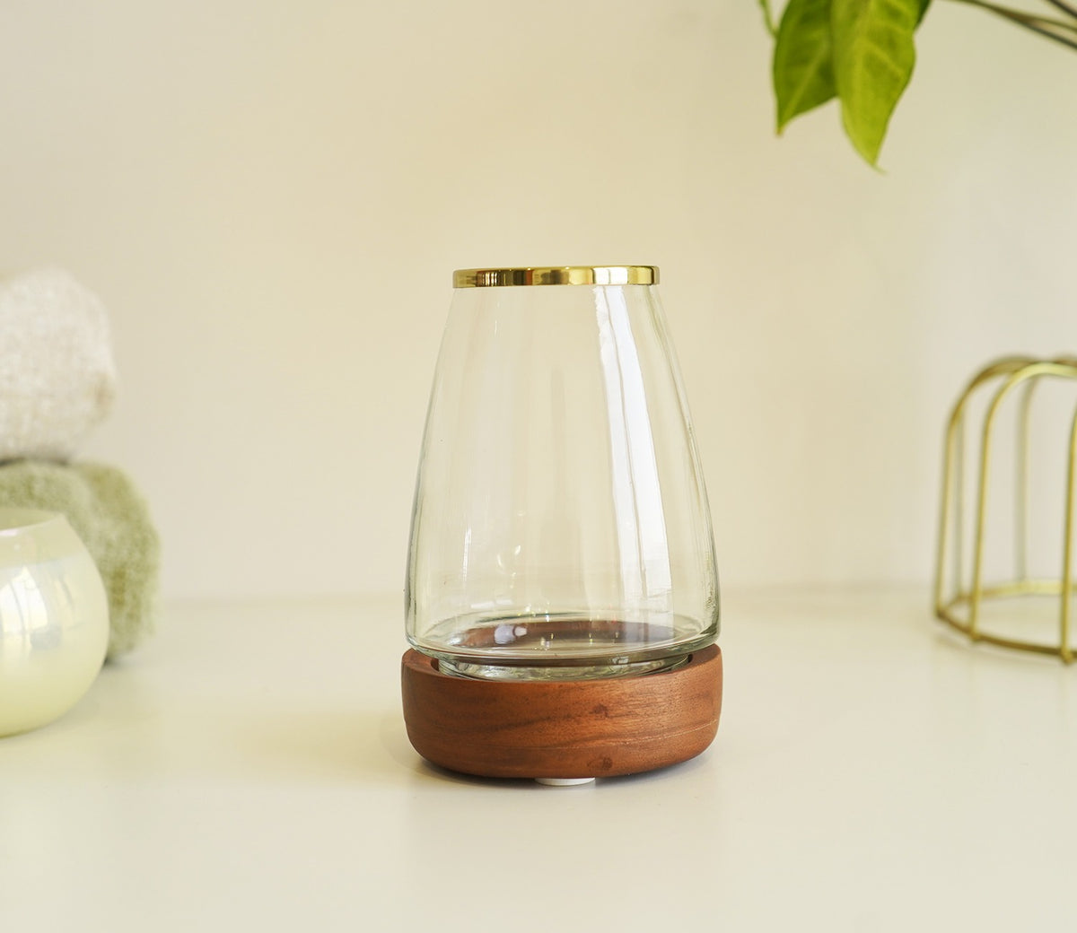 Taya Designer Glass With Wood Tooth Brush Holder