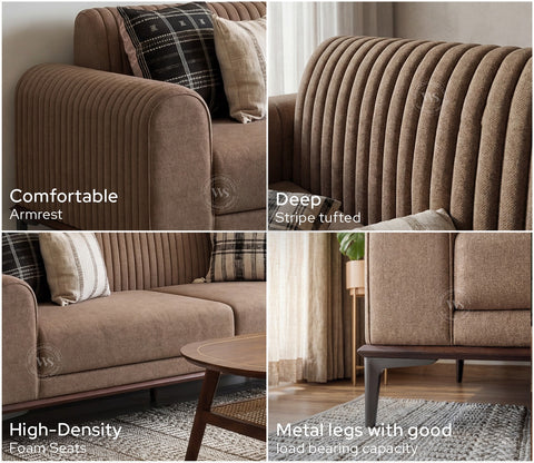 Lorenz 3 Seater Sofa (Cotton, Sand Brown)