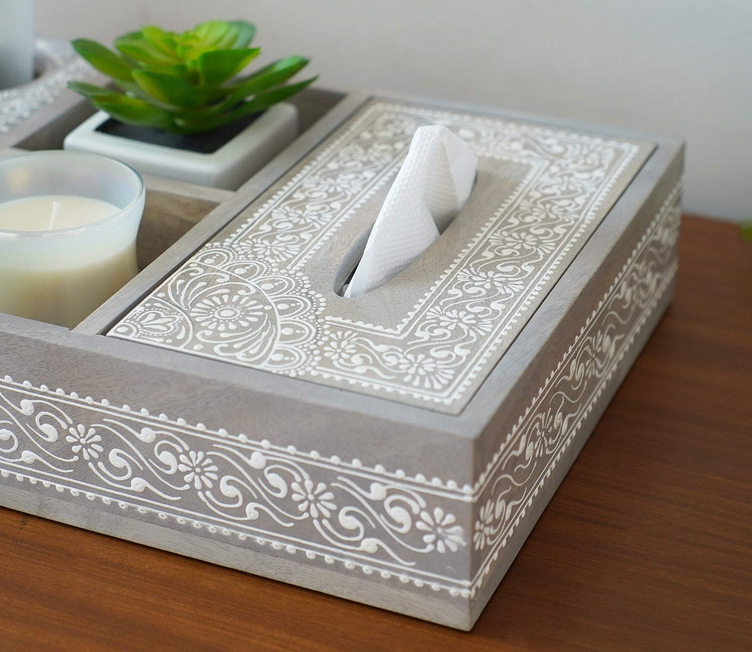 Ira Traditional Designer Hand Painted Wooden MultiStorage Tray