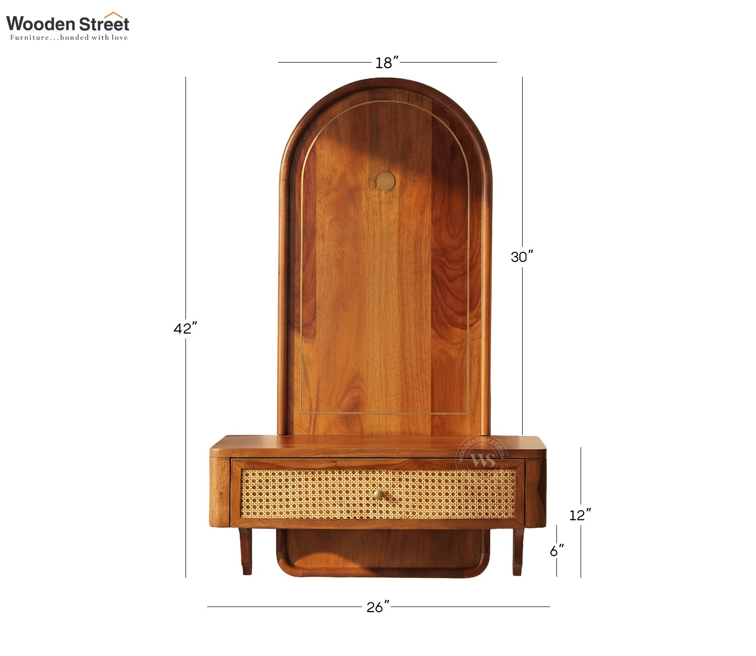Shoonya Sheesham Wood Home Temple with Brass Detailing and Cane Accents (Teak Finish)