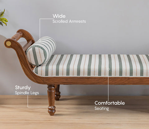 Virasat Sheesham Wood Sofa Bench With Cushioned Seat (Teak Finish, Green Stripes)