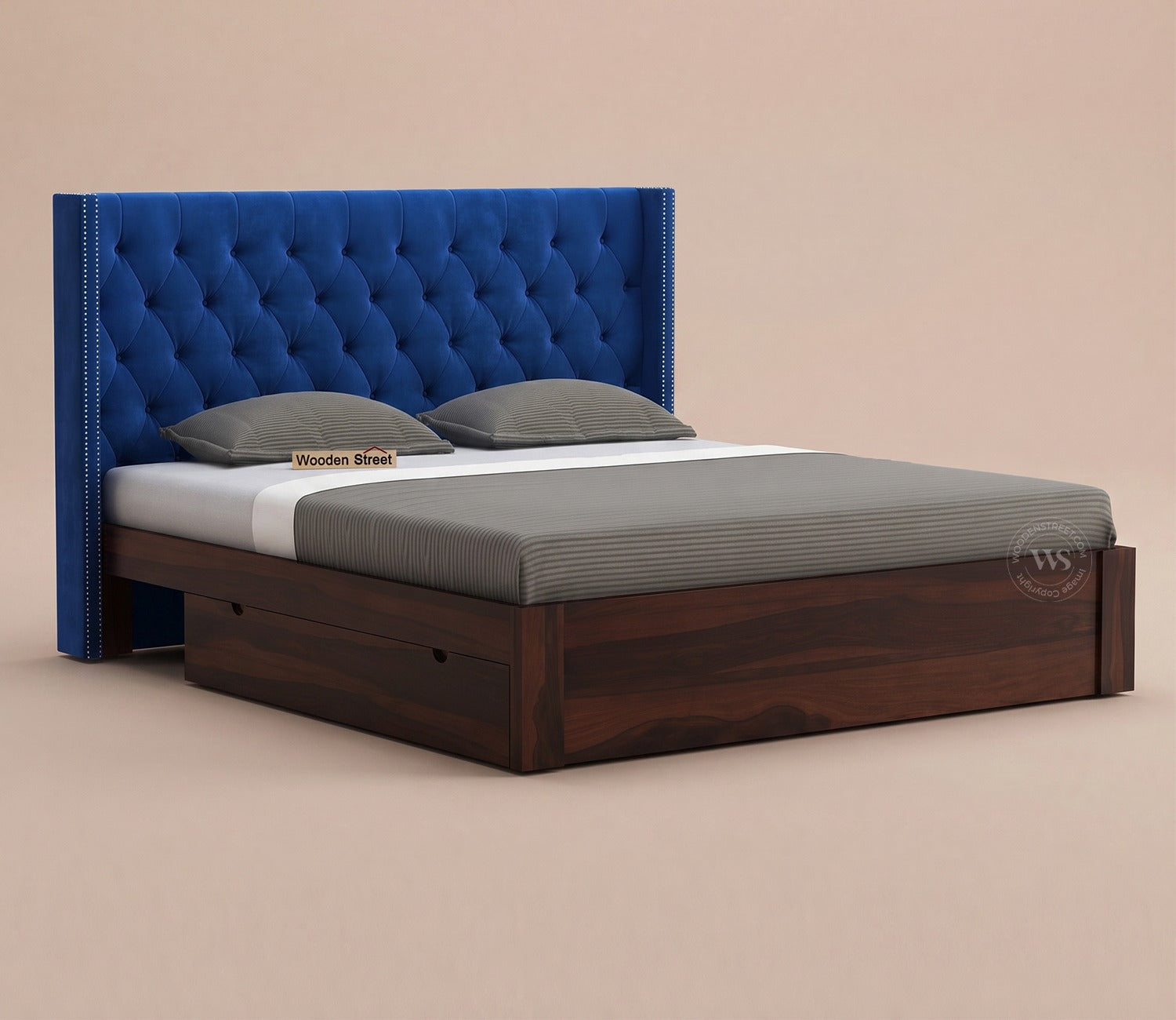 Drewno Sheesham Wood Upholstered Bed With Storage (King Size, Indigo Blue)