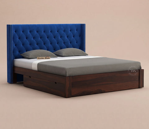 Drewno Sheesham Wood Upholstered Bed With Storage (King Size, Indigo Blue)