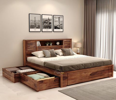 Ferguson Bed with 4 Drawer Storage (Queen Size, Honey Finish)