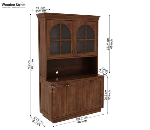 Nivrit Mango Wood Arch Glass Kitchen Cabinet (Teak Finish)