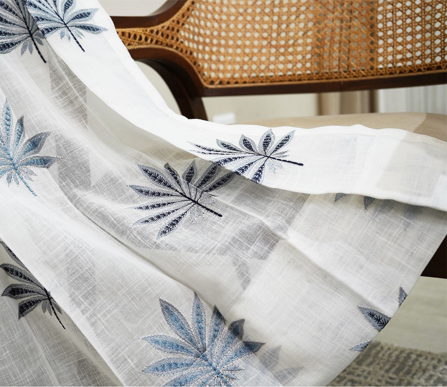 Crown Leaf Sheer Door Curtains Set of 2 (Blue, 7 Feet)