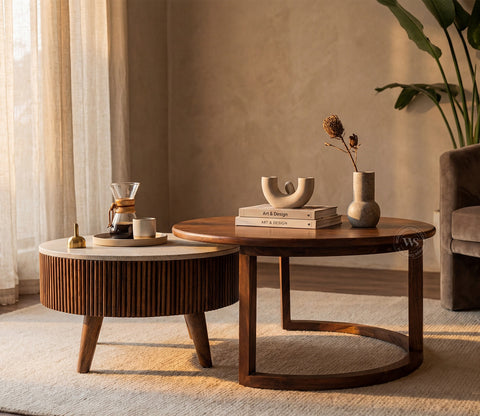 Akasa Sheesham Wood Nesting Coffee Tables With Storage, Set of 2 (Teak Finish)