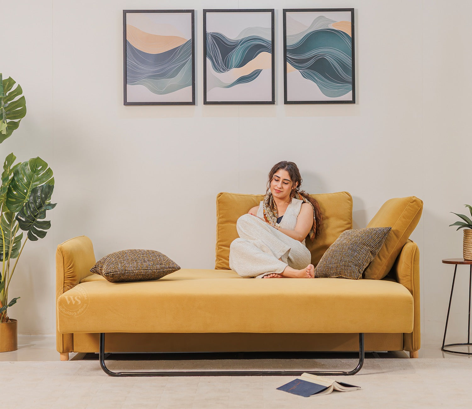 Saffra 3-Seater Sofa Cum Bed | Fold-Out Mechanism | Under-Seat Storage | Fabric Upholstery (Mustard)