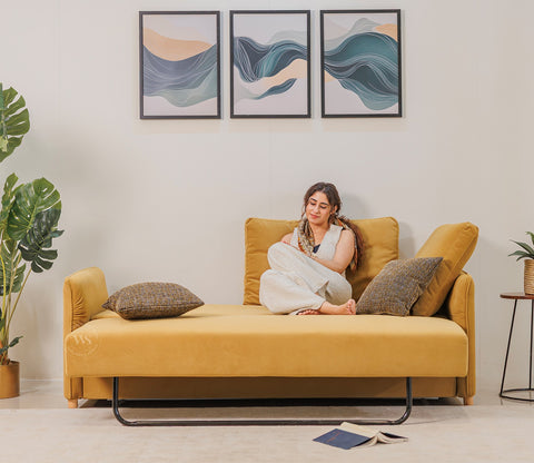 Saffra 3-Seater Sofa Cum Bed | Fold-Out Mechanism | Under-Seat Storage | Fabric Upholstery (Mustard)