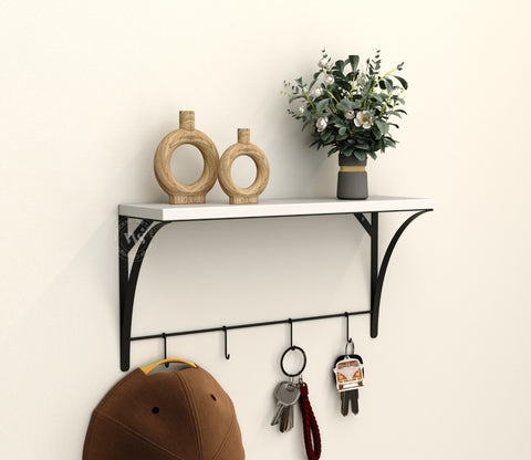 Hedwig Wooden Wall Mounted Shelf With 4 Hanging Metal Hooks, Multipurpose Wall Shelf For Living Room/Bedroom (Frosty White)