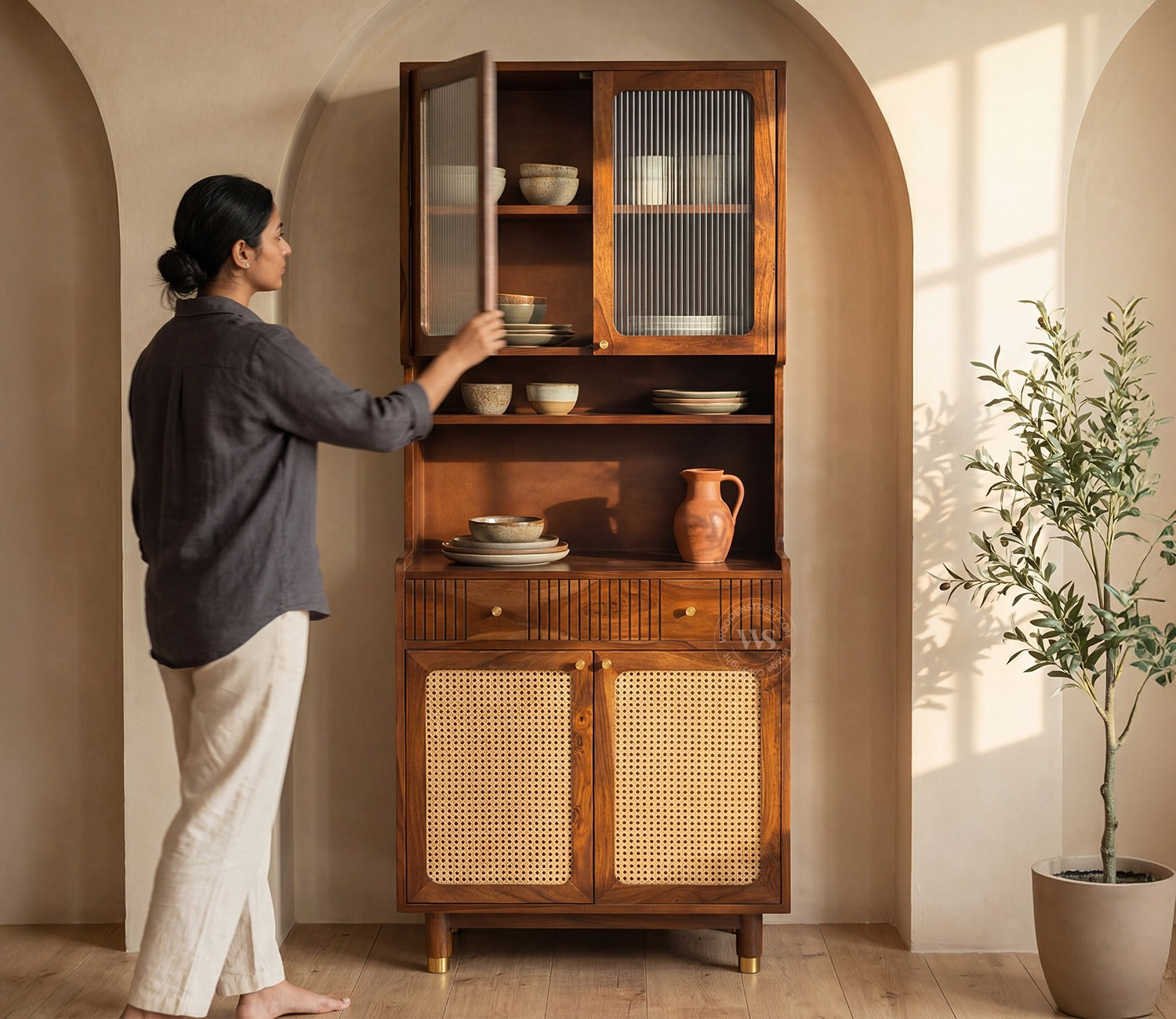 Sanchay Classic Kitchen Cabinet with Fluted Glass, Cane Weave & Brass Knobs (Teak Finish)