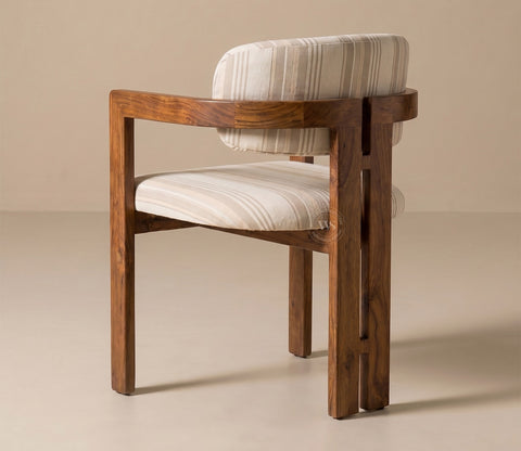 Kaaya Sheesham Wood Arm Chair With Premium Upholstery (Cream Stripes, Teak Finish)