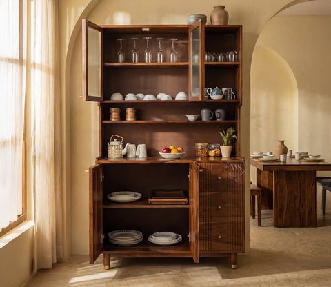 Tripti Classic Kitchen Cabinet with Fluted Glass, Cane Weave & Brass Knobs (Teak Finish)