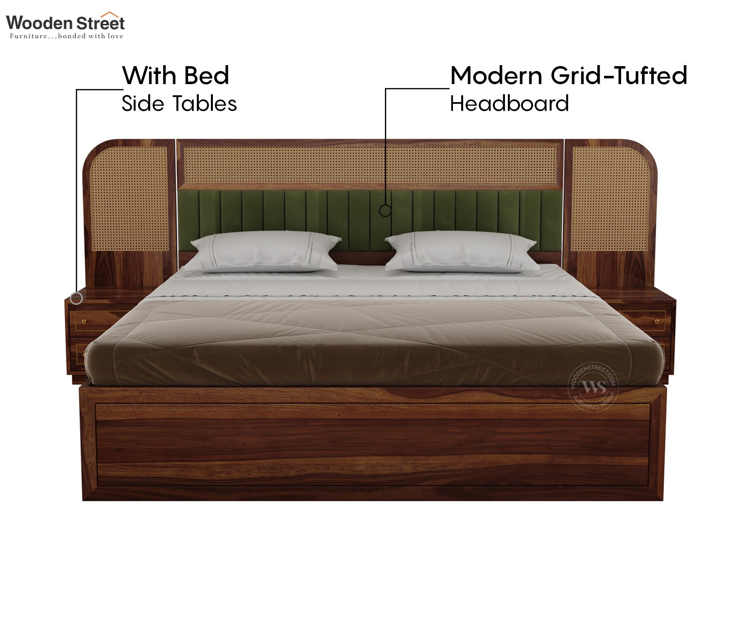Serah Premium Sheesham Wood Bed with Cane & Velvet Headboard, Drawer Storage & 2 Modular Bedside Tables (Queen Size, Teak Finish)