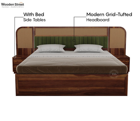Serah Premium Sheesham Wood Bed with Cane & Velvet Headboard, Drawer Storage & 2 Modular Bedside Tables (Queen Size, Teak Finish)