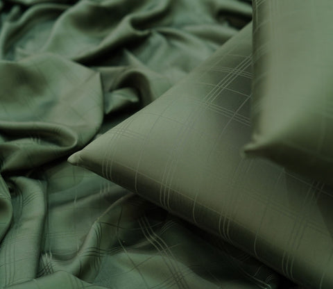 Dobby Checks Organic Bamboo 300 TC 2 Pillowcases and 1 Fitted Bedsheet (Green, Queen Size)