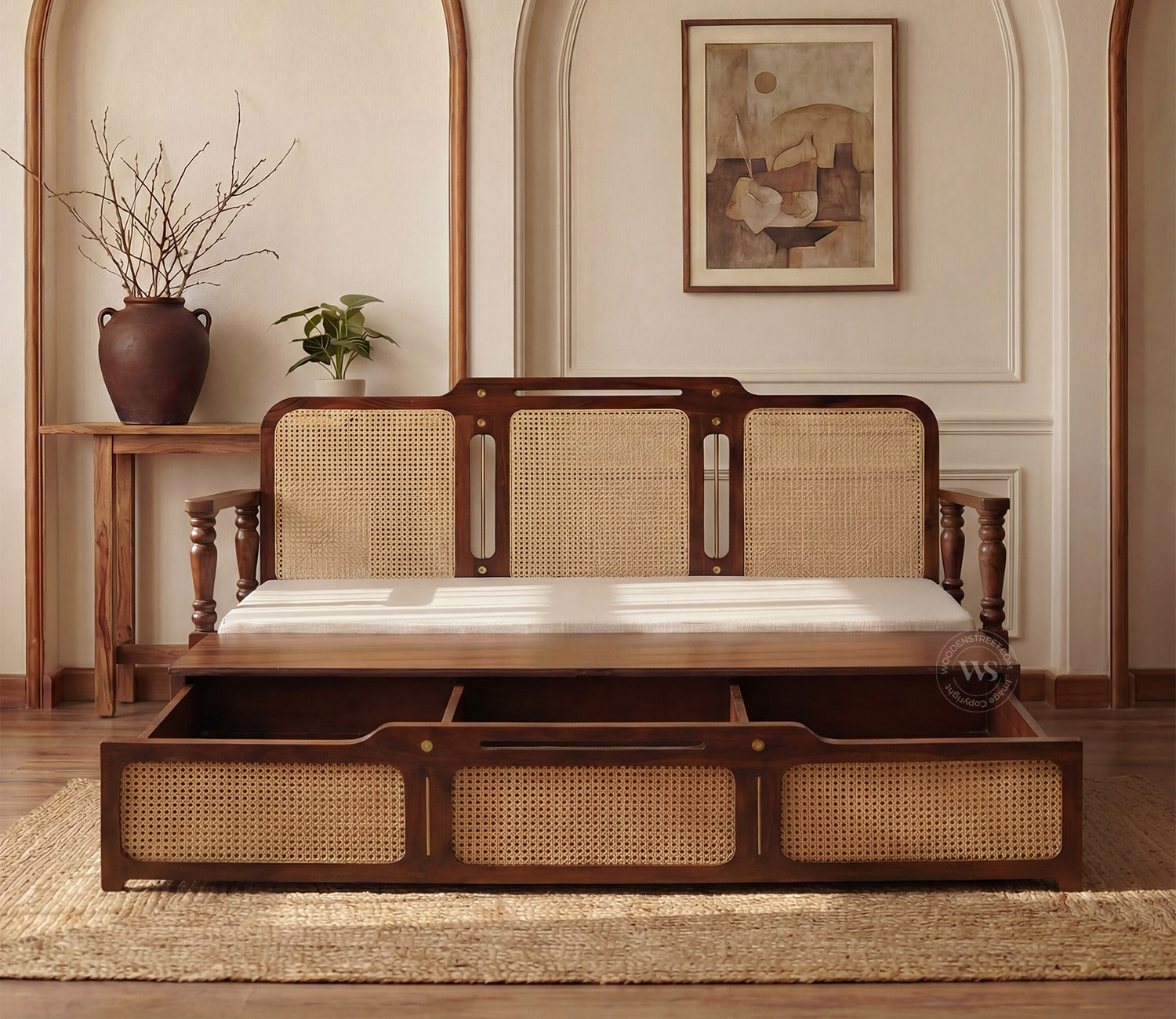 Ayaana Sheesham Wood 3 Seater Sofa Cum Bed with Cane Weaving | Opens to Double Bed (78x62) | Premium Upholstery | Sleeps 2 Adults (Teak Finish, Jade Ivory)
