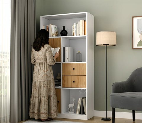 Sheldon Modern Bookshelf with Open & Closed Storage, Textured Fronts (Engineered Wood, Santana Pattern)