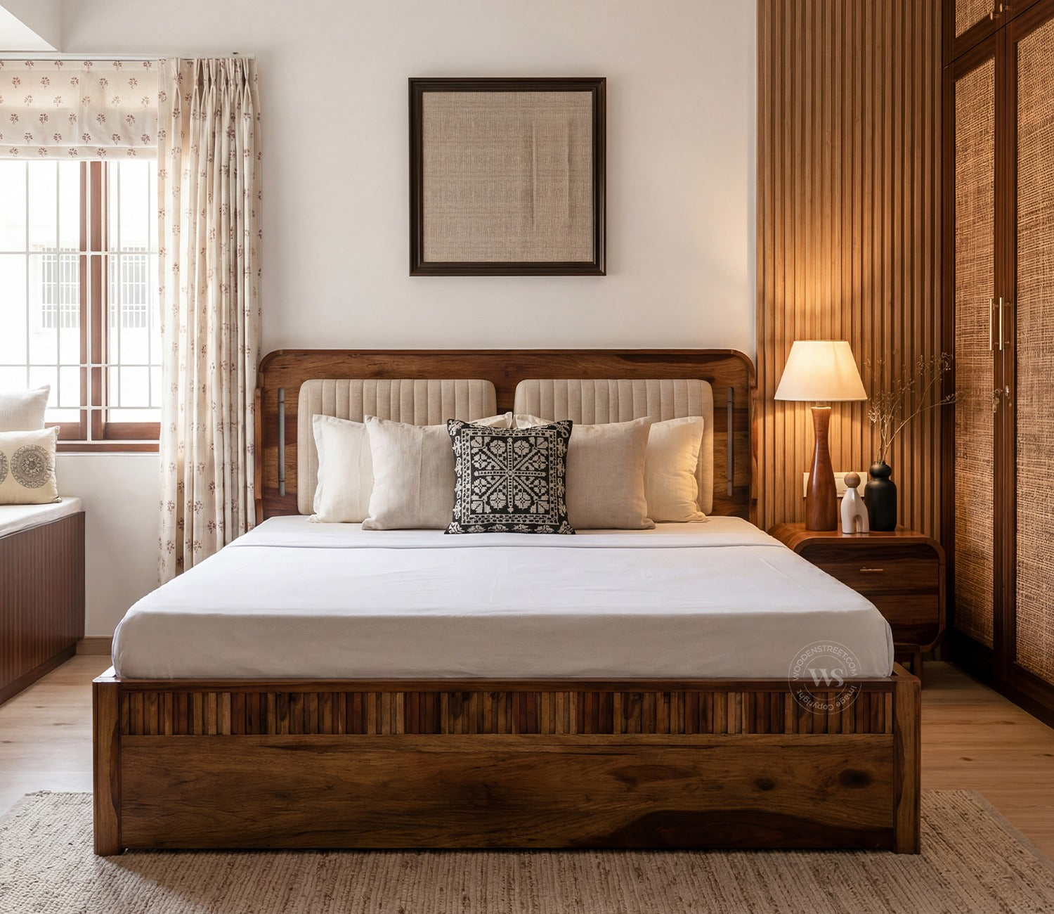 Lotus Premium Sheesham Wood Bed with Drawer Storage (King Size, Teak Finish)