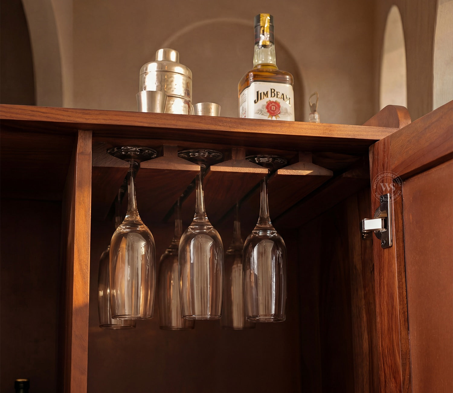 Amodh Sheesham Wood Bar Cabinet with Arched Cane Doors & Brass Handles (Teak Finish)