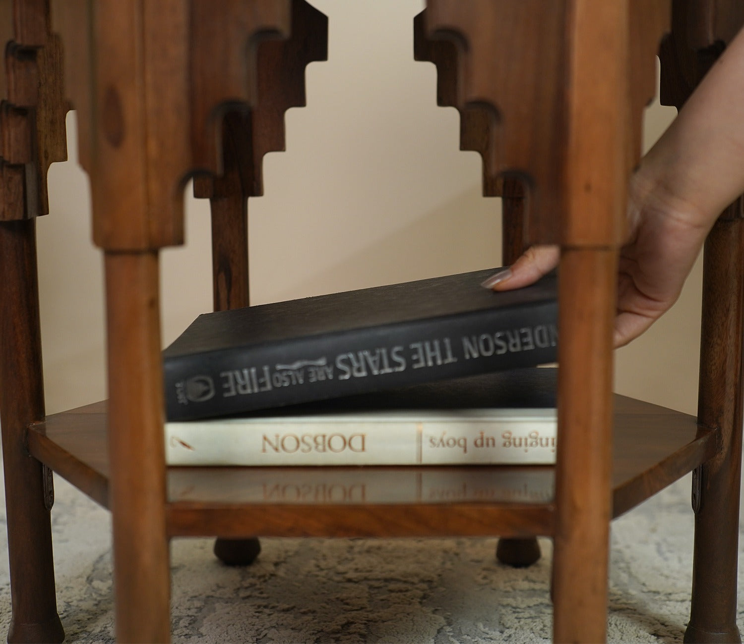 Samiha Sheesham Wood Carved Side End Table (Teak Finish)