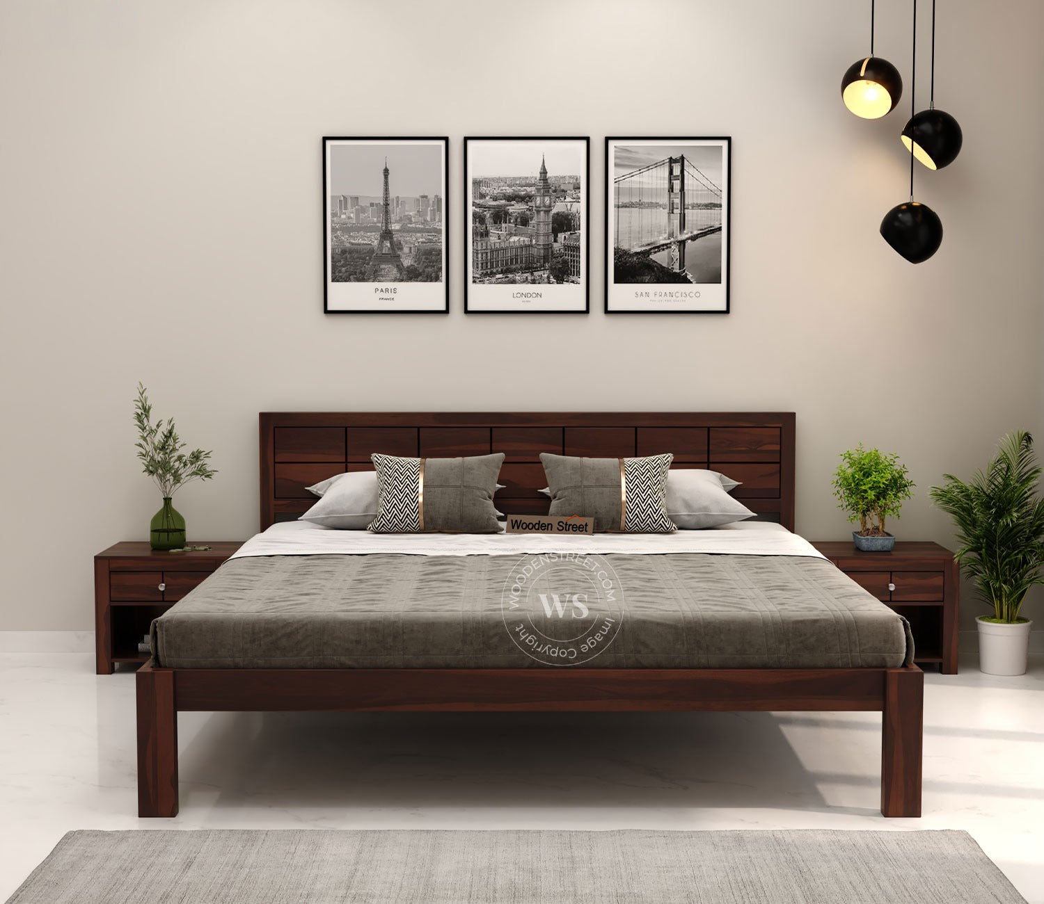 Brixton Sheesham Wood Bed Without Storage (King Size, Walnut Finish)