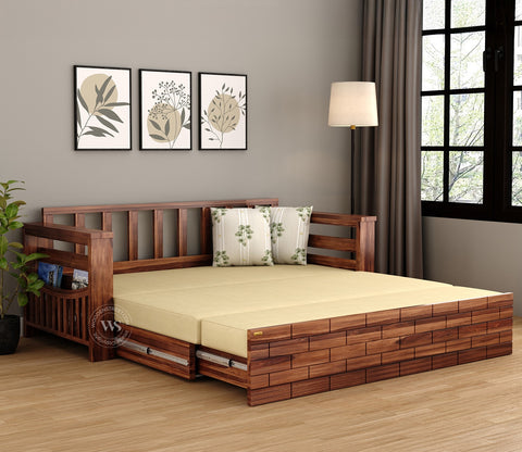 Sereta 3 Seater Sheesham Wood Sofa Cum Bed (King Size, Honey Finish)