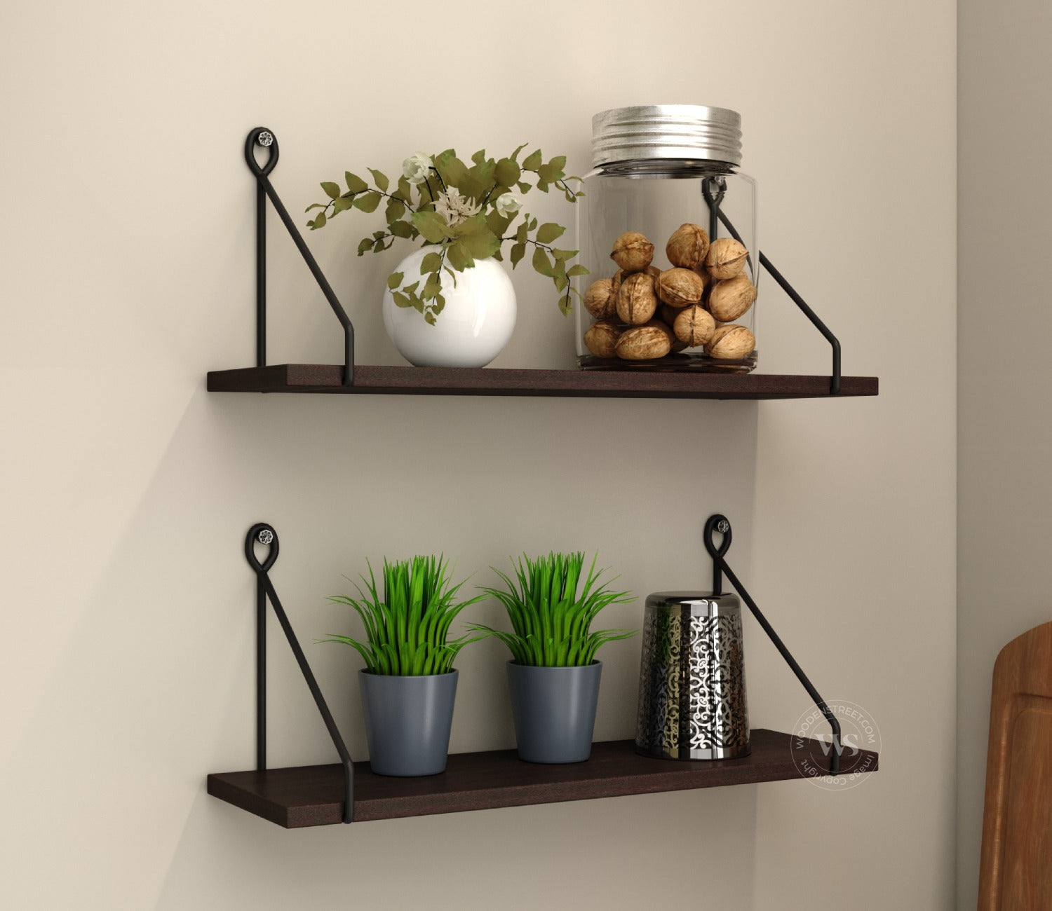 Luna Hanging Wall Shelf, Metallic Black & White Combination Wall Mounted Shelves for Living Room/Bedroom - Set of 2 (Flowery Wenge)