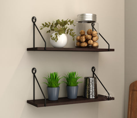 Luna Hanging Wall Shelf, Metallic Black & White Combination Wall Mounted Shelves for Living Room/Bedroom - Set of 2 (Flowery Wenge)