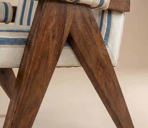 Troupe Sheesham Wood Chandigarh Chair with Premium Upholstery (Blue Stripes, Teak Finish)