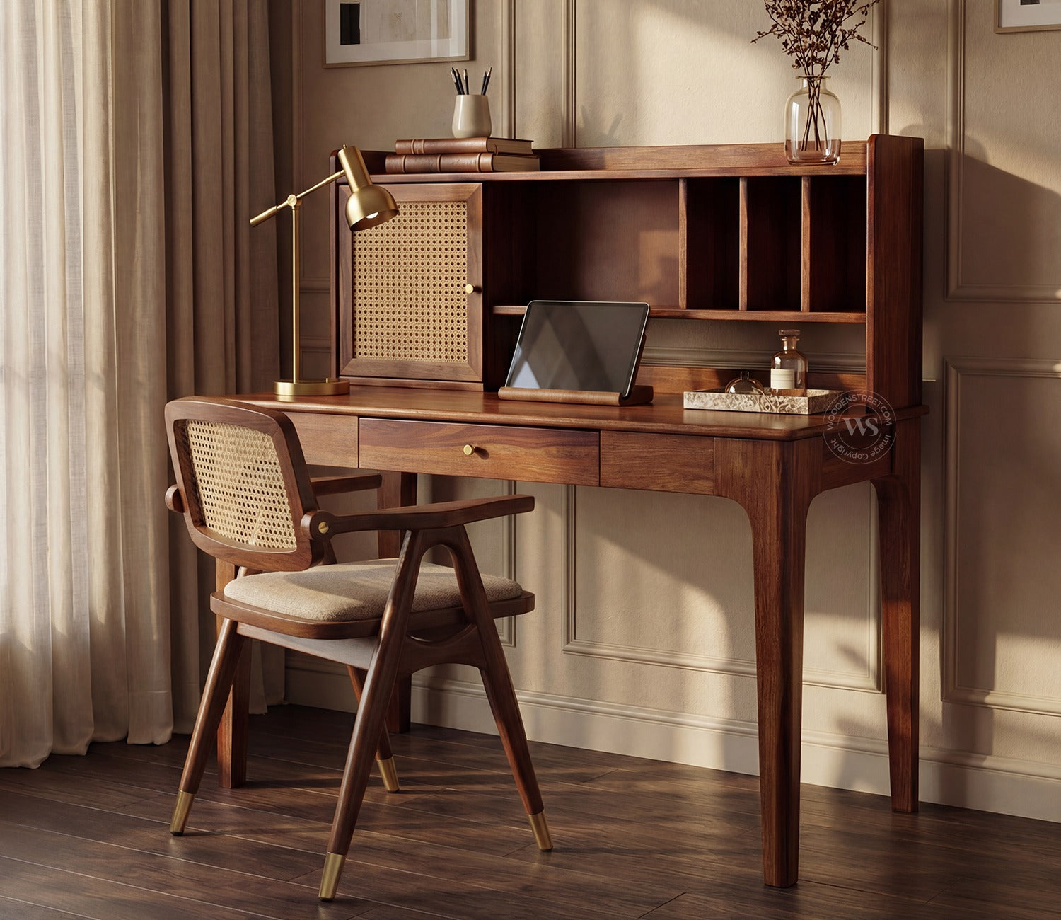 Nirman Sheesham Wood Study Table with Storage & Cane Cabinet (Teak Finish)