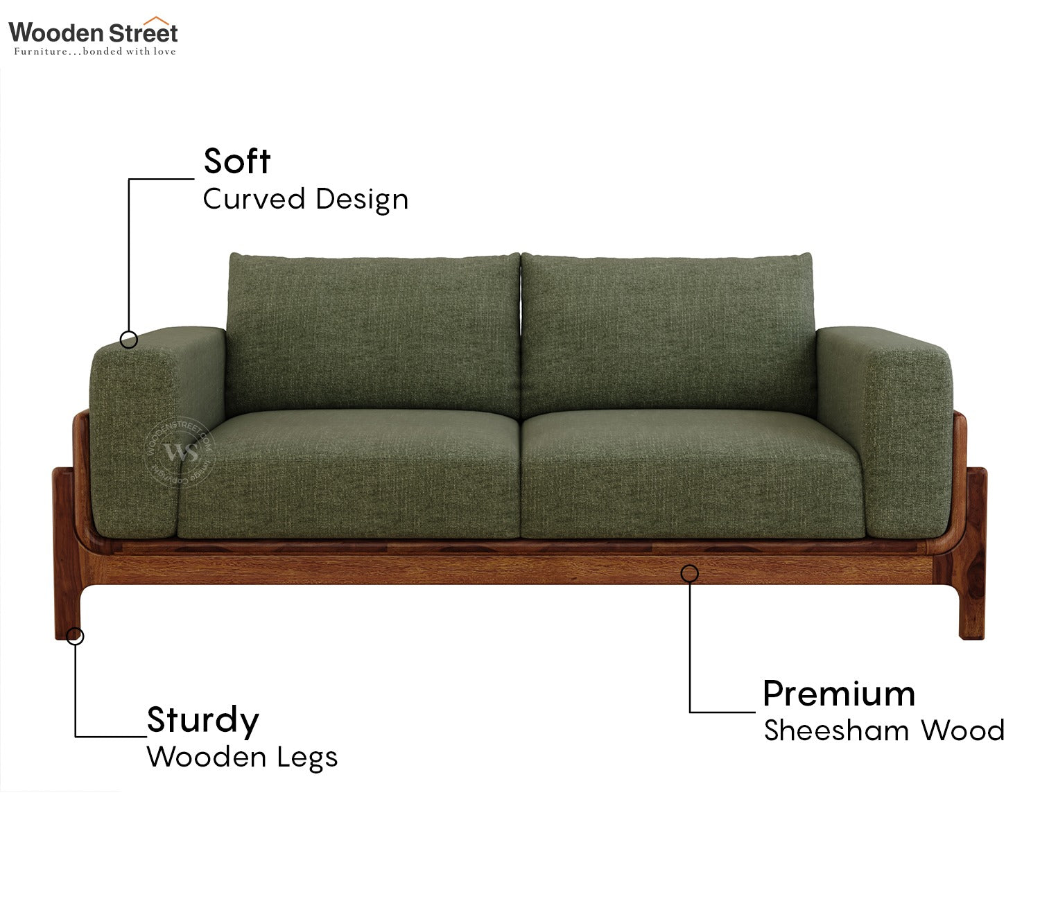 Aranyam Sheesham Wood 3 Seater Sofa with Cane Detailing (Sage Green)
