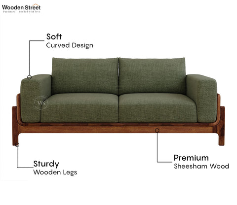 Aranyam Sheesham Wood 3 Seater Sofa with Cane Detailing (Sage Green)